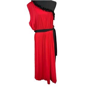 koh koh One Shoulder Maxi Red & Black With Sash Holiday Party Dress Size 2XL NWT